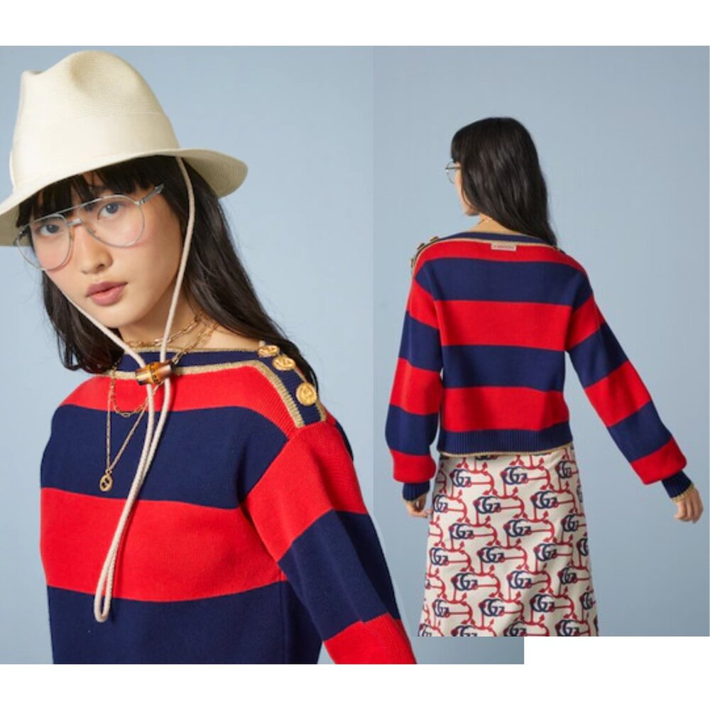 GUCCI SWEATER STRIPED COTTON RED & BLUE JUMPER w LOGO BUTTONS - Picture 2 of 15